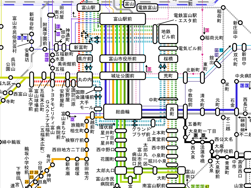 [富山発着バス路線図]